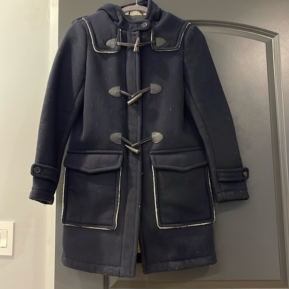 Zara Basic Navy Shearling Hooded Jacket - image 1